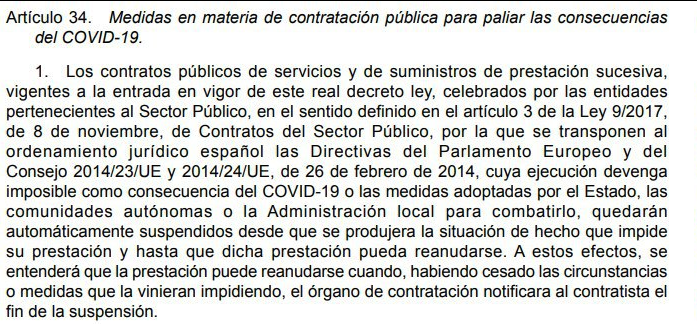 joseigs_'s tweet image. Se justifican en el artículo 34 del Real Decreto del gobierno central (foto). Y "informalmente" sin que esté en ninguna resolución de la APAE dicen que suspenden los contratos. 

Es decir, no pagan a las empresas y por tanto habrá MILES de despidos. MILES.