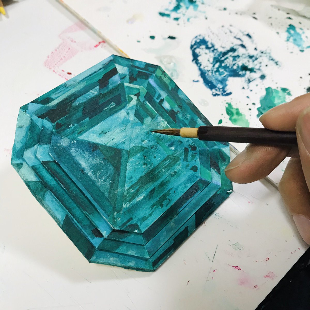 一枚の紙が宝石に変わる瞬間🤔💎✨ #エメラルド #水彩画 #宝石絵画