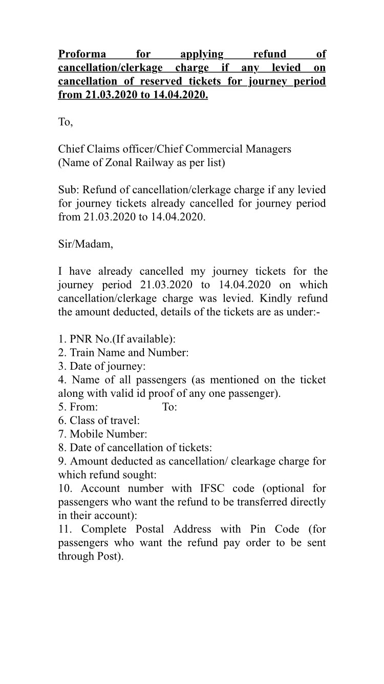 Proforma for Applying refund of counter ticket 