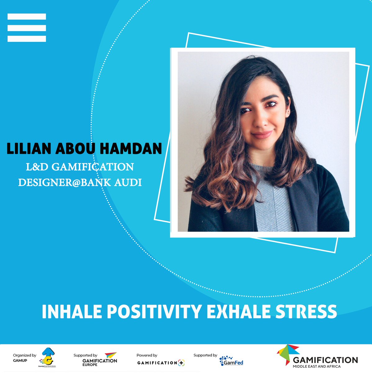 GamificationMea's tweet photo. Lilian Abou Hamdan is L&amp;D Gamification designer @Bank Audi, and she will discuss with us  "Inhale Positivity Exhale Stress"
register now 👇🏻

https://t.co/ZiKDtq7L6X https://t.co/JrPSyKE6JC