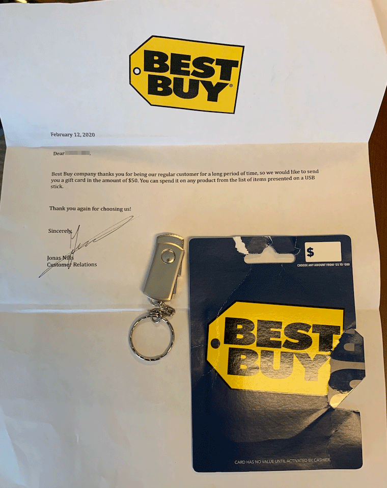 HaonTech's tweet image. Packages delivered, allegedly from Best Buy, with a loyalty reward in the form of a $50 gift card. Once the USB drive is plugged, it installs a malware and infects your computer network. Very elaborate (yet old) #scam. 
#cybersecurity #security #computersecurity #malware