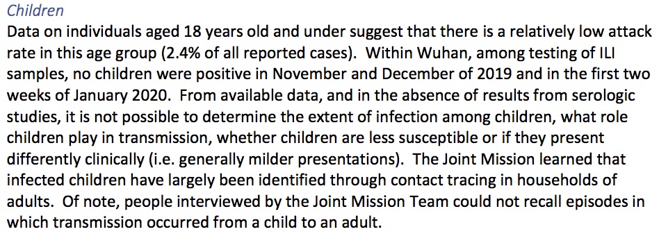 From early on, it was clear COVID19 spared children. In Wuhan, no children tested positive between November 2019 and mid-January, per an early  @WHO report  https://www.who.int/docs/default-source/coronaviruse/who-china-joint-mission-on-covid-19-final-report.pdf 6/