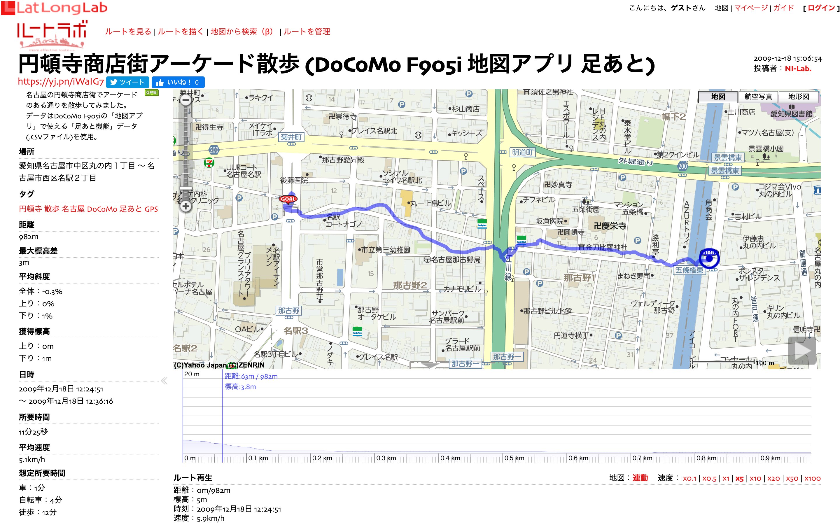 Ni Lab 名古屋の円頓寺商店街でアーケードのある通りを散歩してみました データはdocomo F905iの 地図アプリ で使える 足あと機能 データ Csvファイル を使用 円頓寺商店街アーケード散歩 Docomo F905i 地図アプリ 足あと ルートラボ