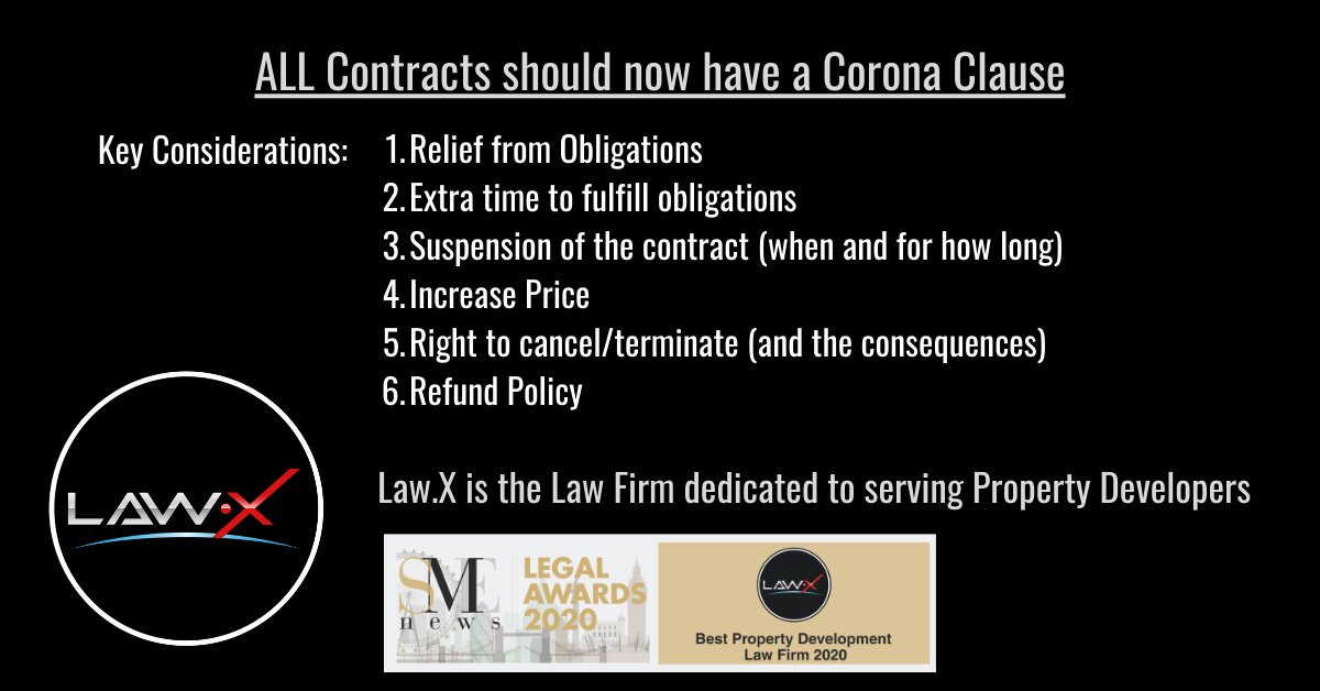 I strongly recommend that you include a Corona Clause in your contracts (and if you choose not to, then that decision is made extremely carefully).

#property #propertydevelopment #Construction #CoronaUpdate #CoronaLockdown #COVID19 #coronavirus #RealEstate