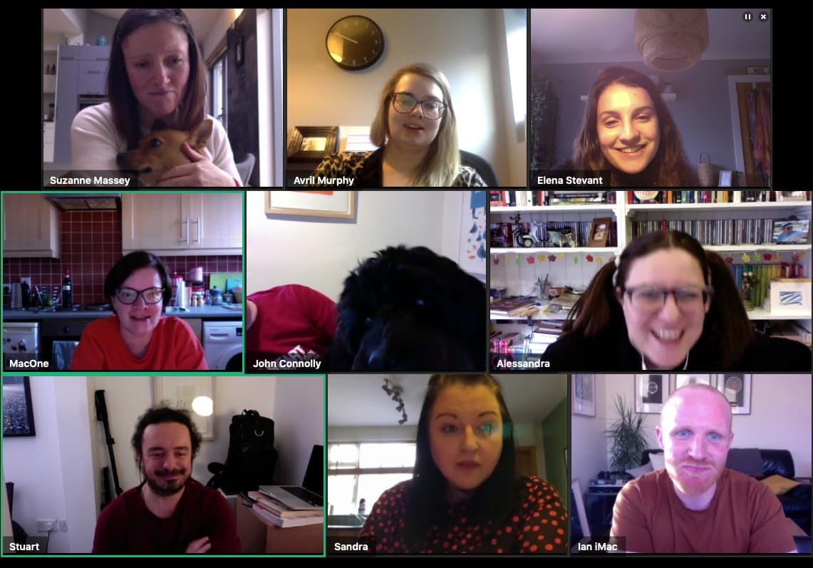 reddogdublin's tweet photo. A 30-minute scheduled catch up with the Red Dogs yesterday evening turned into a 3-hour party that only ended when Zoom cut us off. Even when we’re at home we don’t know when to go home! #teamreddog https://t.co/wOdIcmoIHl