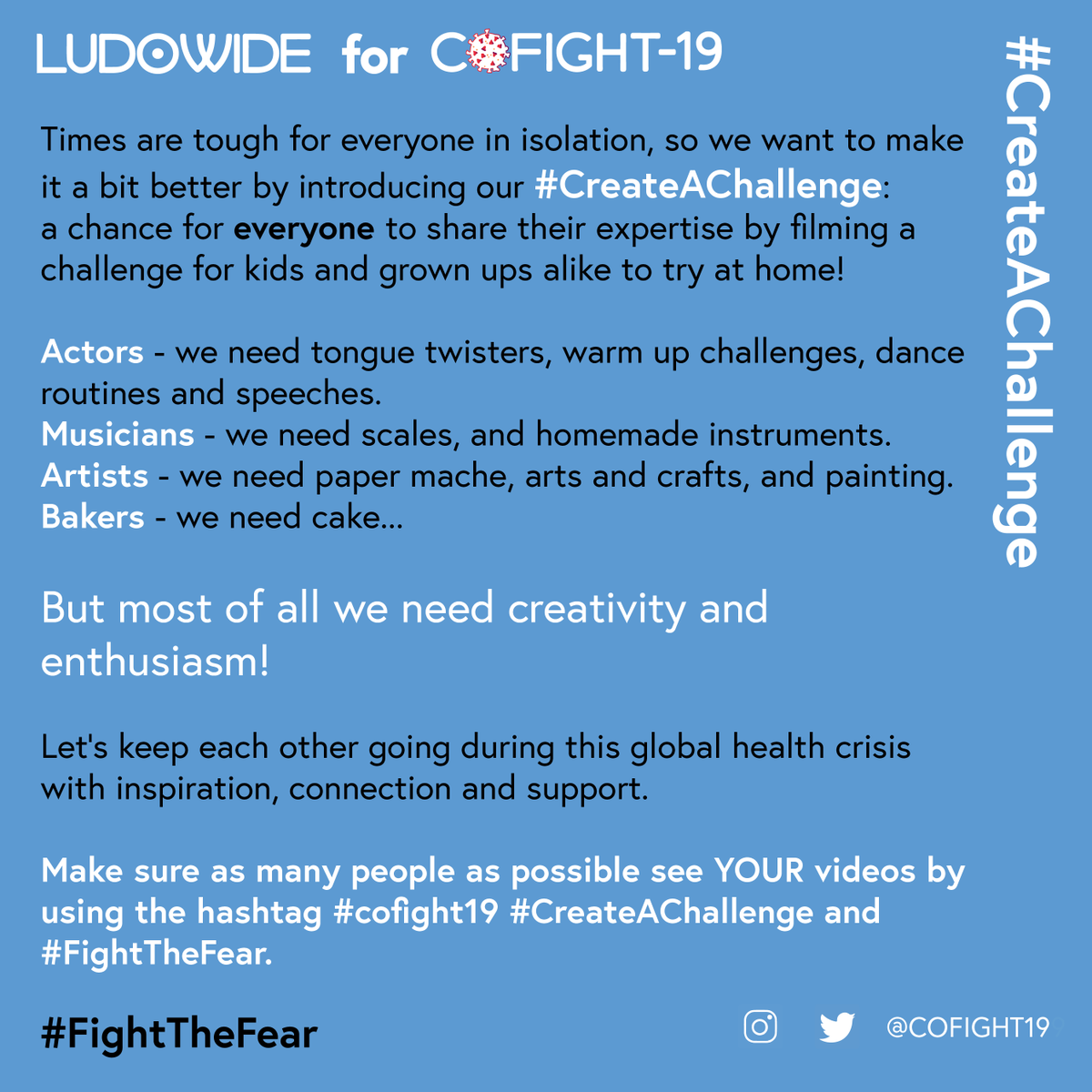 ludowide's tweet photo. For #CreateAChallenge we need #actors, #musicians, #artists, #bakers, #writers, etc. to share their passions with the world in this fun, engaging way.
Anything you can think of: singing, yoga, a new way of making toast... - challenge us, and we'll see if we can do it too! (2/3) https://t.co/cUZw8vELG8