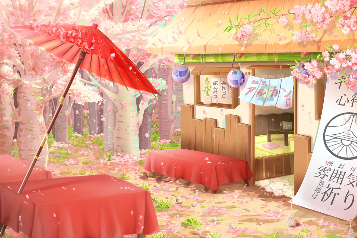茶奄browndust 甘味茶屋 さんのギルド絵についてちょこっと 背景だけでも雰囲気が出る様に描き込みましたー 桜の木が多過ぎるのは見ないフリしようね のれんは月莉さん語録 今後更新があるかも 最後までこだわって こだわって