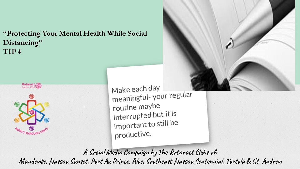 RotaractTortola's tweet photo. Here's tip 4 to Protect your mental health while social distancing... stay tune for more in the coming days.⠀
#Unity⠀
#RD7020Impact ⠀
#Covid-19Survivors⠀
#WaterIsLife7020
#HygieneMatters7020⠀
#ImpactThroughUnity
#RotaractImpac
#RotaractUnit
#RD7020Unit
#RD7020Impact https://t.co/ICN3YKNlbZ