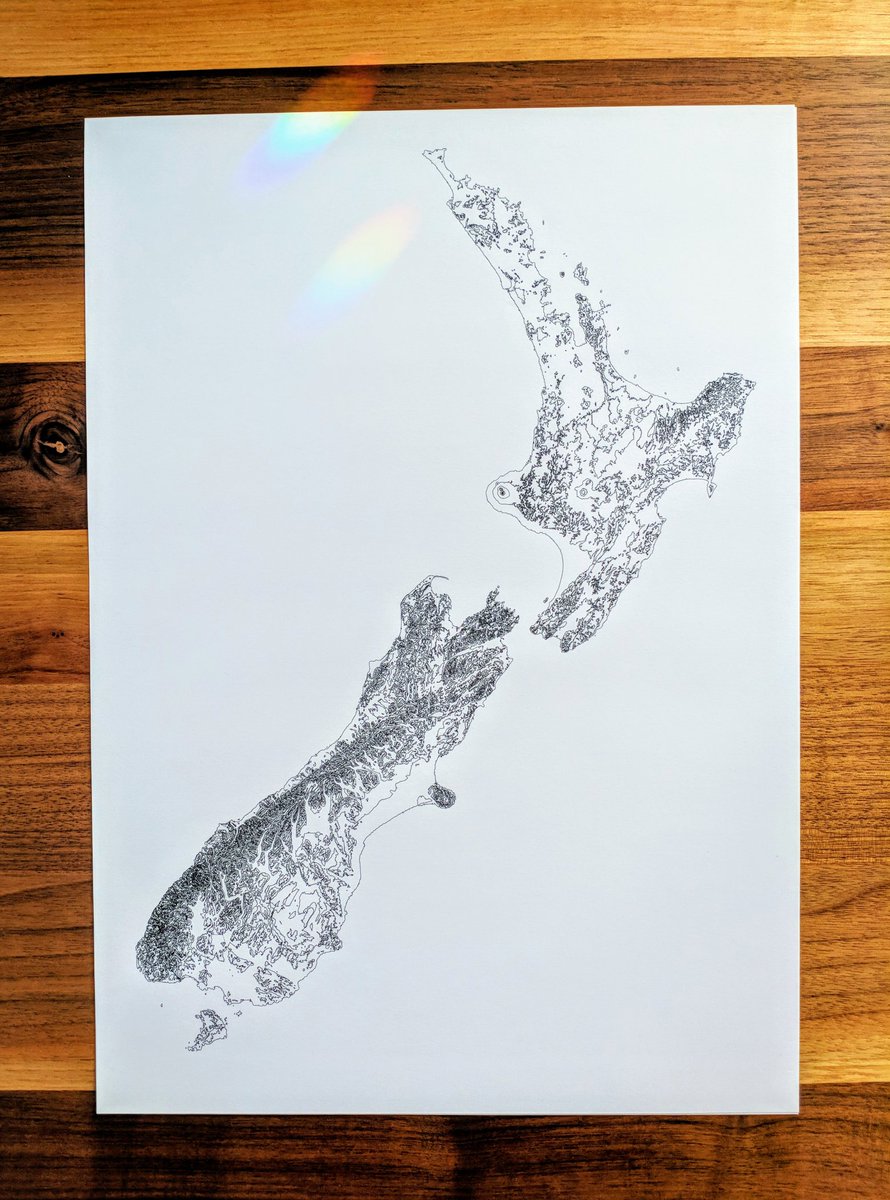 NadiehBremer's tweet image. Wanting to really test out my new #axidraw I made this elevation plot of New Zealand, a gorgeous country that I fell in love with a year ago (made in R taking literally almost 8 hours to prepare 😵). Blown away by the level of detail that can be drawn 🔥🔥🔥 #plottertwitter