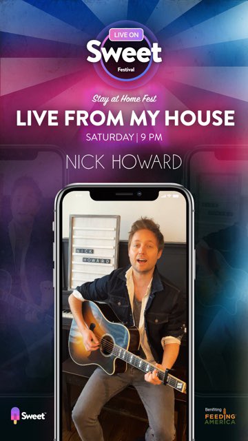 nickhowardmusic's tweet image. Don't forget to join me tonight from my living room, as I stream a free mini concert for everyone as part of the Live on @Sweet 'At Home' Festival.  Show starts at 9PM EST. Invite your friends.  See you there! 

#stayhome
#togetherathome
#staysafe
#feedingamerica