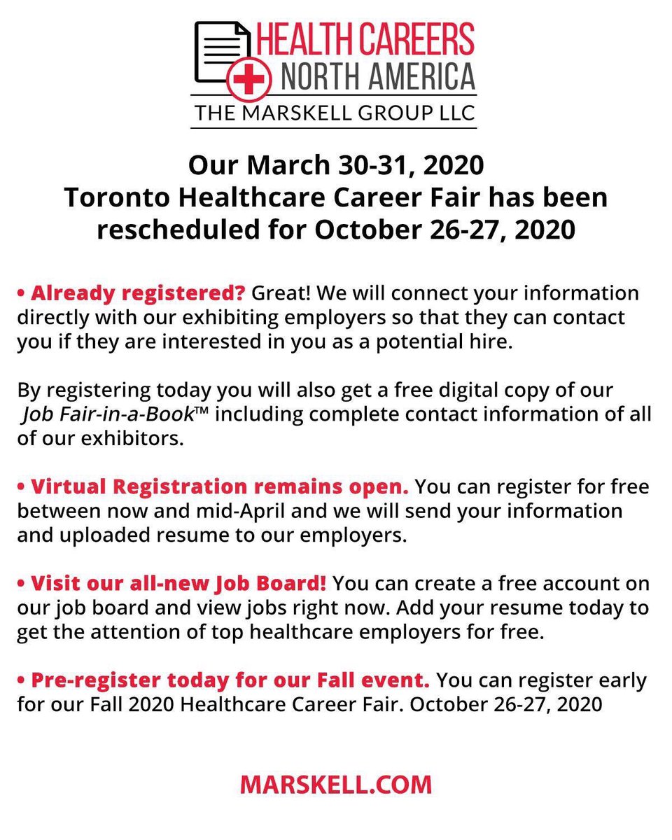 CareersInHealth's tweet photo. The Marskell Group #Healthcare Job Fairs March 30-31 event has been rescheduled. Please visit https://t.co/RGkxbAHRwA

All-new Job Board https://t.co/Y1KyWdnAug https://t.co/jMdr6yi0pN