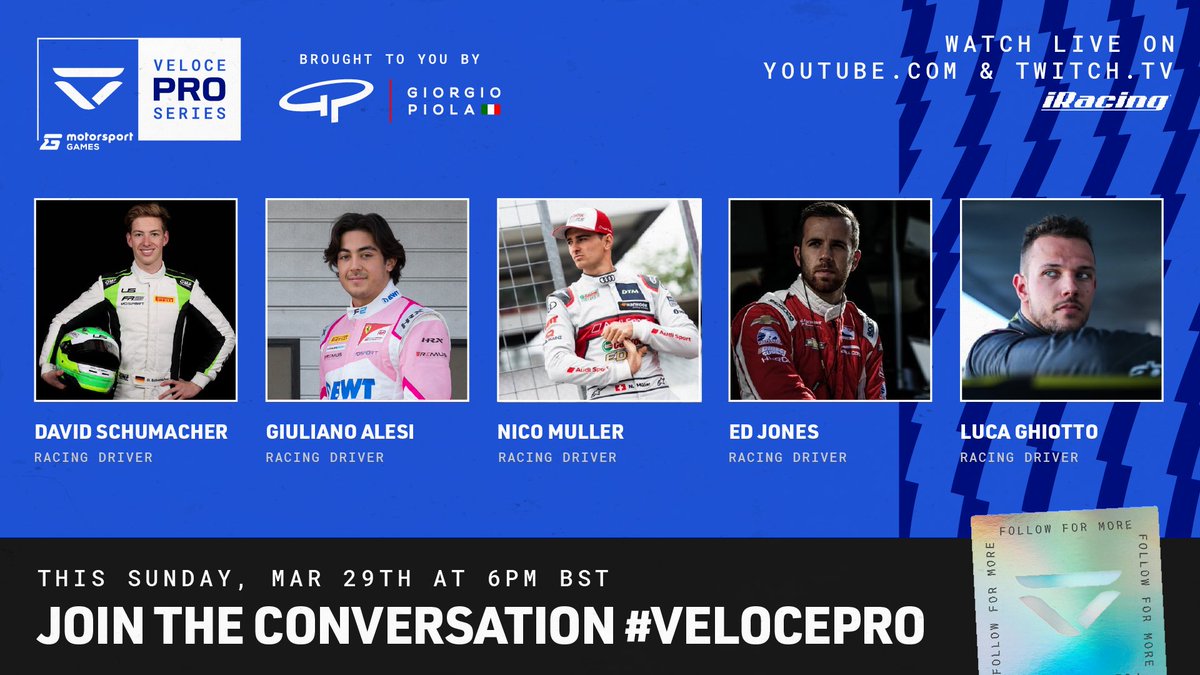 VeloceEsports's tweet image. Introducing 5 drivers making their debut in a Veloce race! 🏁 

🏎️David Schumacher
🏎️@giuliano_alesi
🏎️@nico_mueller
🏎️@Edjonesracing
🏎️@luca_ghiotto

#VelocePro
Sunday 29th March 6 pm BST
LIVE on youtube.com/veloceesports
In partnership with @MSportgames 
Powered by @Giorgio_Piola
