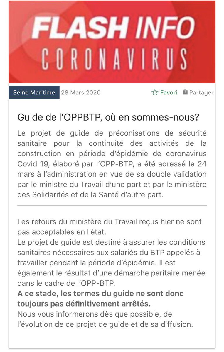⚠️Ce message #FFB pour vous informer en temps réel des discussions en cours concernant la sortie du projet de #guide de préconisations de sécurité sanitaire pour la continuité des activités de la construction en période d’épidémie de coronavirus #Covid19, élaboré par l’ #OPPBTP