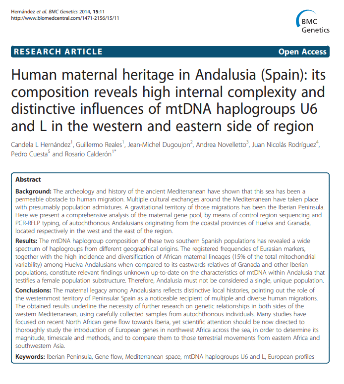Human maternal heritage in Andalusia (Spain): its composition reveals high internal complexity and distinctive influences of mtDNA haplogroups U6 and L in the western and eastern side of region https://bmcgenet.biomedcentral.com/articles/10.1186/1471-2156-15-11