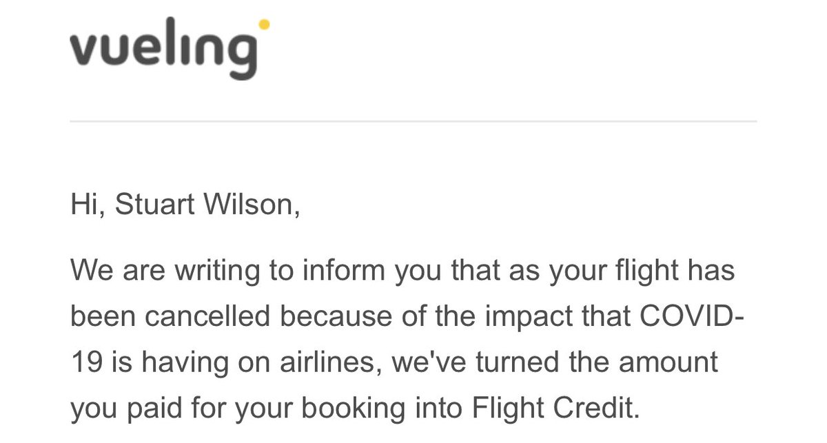 TinyTrekkers's tweet photo. ⁦@vueling⁩ cancels my flight then rather than conform to EU regulations and refund me, randomly changes it into flight credit. I know times are unique right now, but how are airlines getting away with blatant refusal to follow law. #Travel ⁦@SimonCalder⁩ https://t.co/ZV3igQAFua
