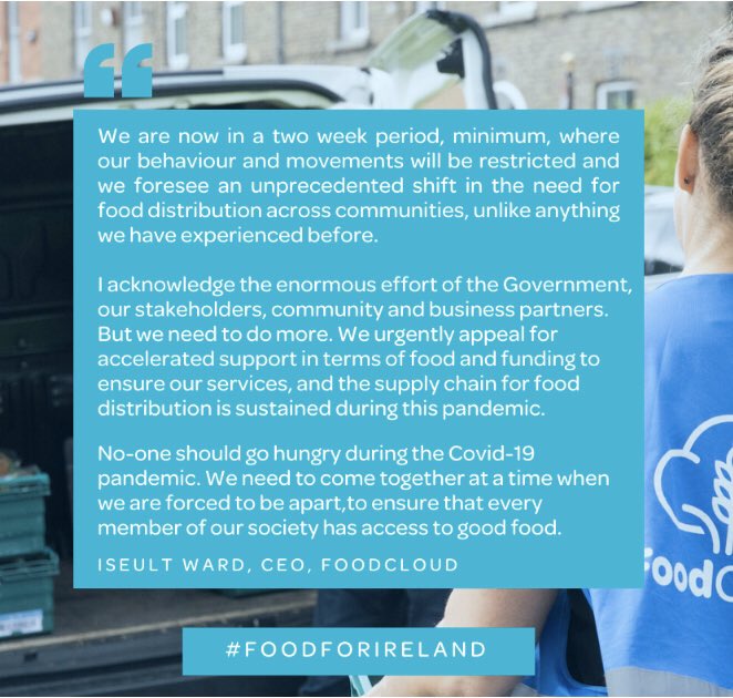 FoodCloud's tweet photo. “We are now in unchartered territory. We urgently appeal for food and funding support to ensure community food distribution services are sustained and that no one goes hungry.” Iseult Ward, FoodCloud CEO
Full statement here. 
https://t.co/VKhX4XrsfS https://t.co/HMyetYhLDV