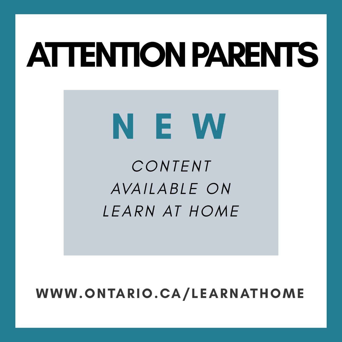 ATTN: Ontario parents 

🆕 content on ontario.ca/learnathome 

➕secondary courses 
➕parent resources
➕cool additions

Keeping students safe, while they learn.