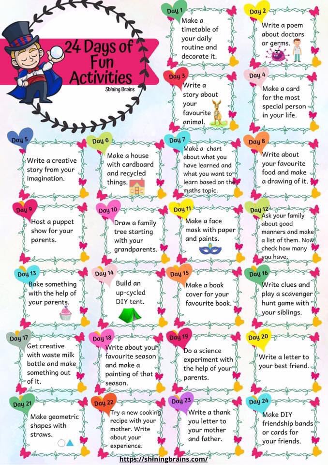 Hope everyone is feeling ok today. Found this activity sheet to help you parents/grandparents out there. Keep the children busy with something different every day for 24 days. 🖊 🖍 🧮 📚 🖍 🖊