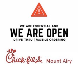 mountairyCFA's tweet photo. WE ARE OPEN!! Our operating hours are 6am-9pm Monday-Thursday and 6am-10pm Friday-Saturday. https://t.co/ldImiRb7E7