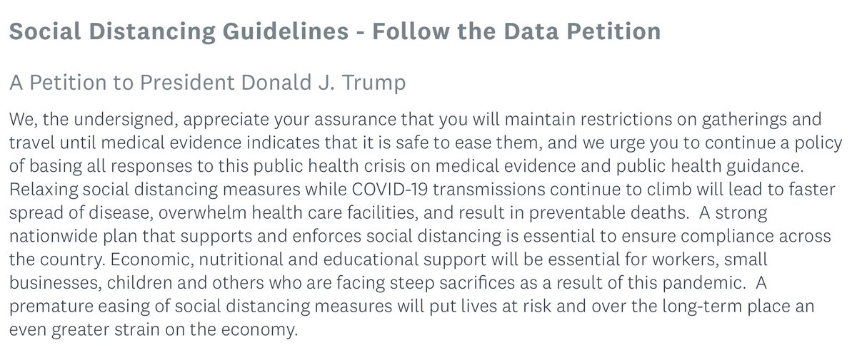 IDSAInfo's tweet photo. A strong nationwide plan that supports & enforces #socialdistancing is critical. ✍️Please sign our #FollowtheData petition to @POTUS urging social distancing guidelines not be lifted until medical evidence shows it's safe to do so.#FlattentheCurve #WeAreID https://t.co/qAKLlyQEjy https://t.co/huvkPmRAbk