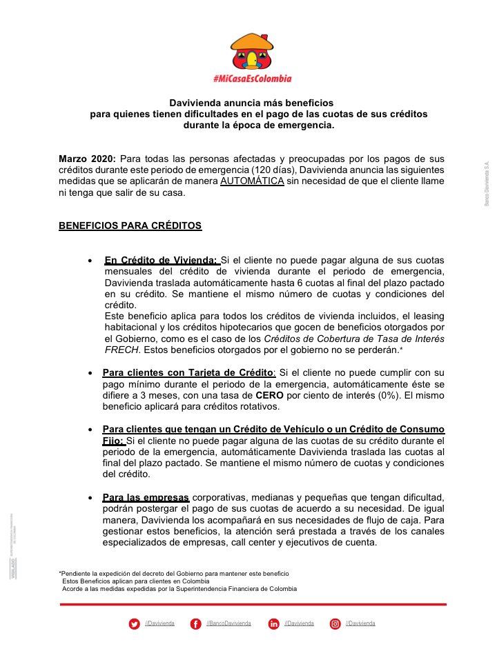 Medidas de apoyo para la seguridad y tranquilidad de nuestros clientes y sus familias. 
Beneficios para quienes tienen dificultades en el pago de las cuotas de sus créditos durante la época de emergencia.