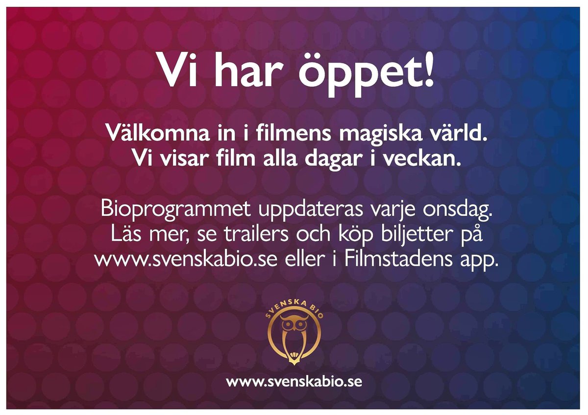 Både vi och Victoria på Götgatan kommer i nuläget fortfarande ha öppet! Vi har spärrat platser så vi inte överskrider 50 pers/salong, och kommer hålla koll i foajén också. Välkommen! #svenskabio #biografgrand #sveavägen #stockholm #viharöppet