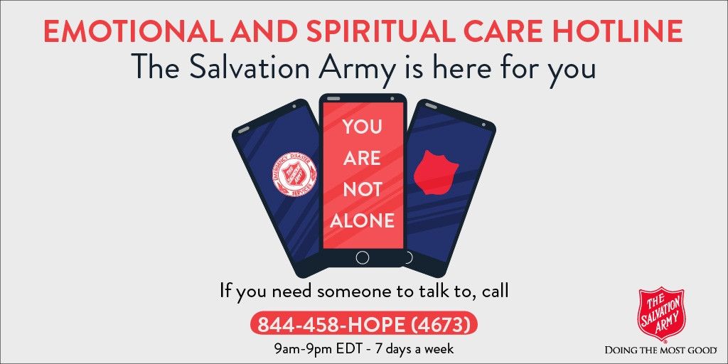 Does #COVID19 got you down? 

 If you just need someone to talk to ...

The #SalvationArmy is ready to listen.

1.844.458.HOPE (4673).