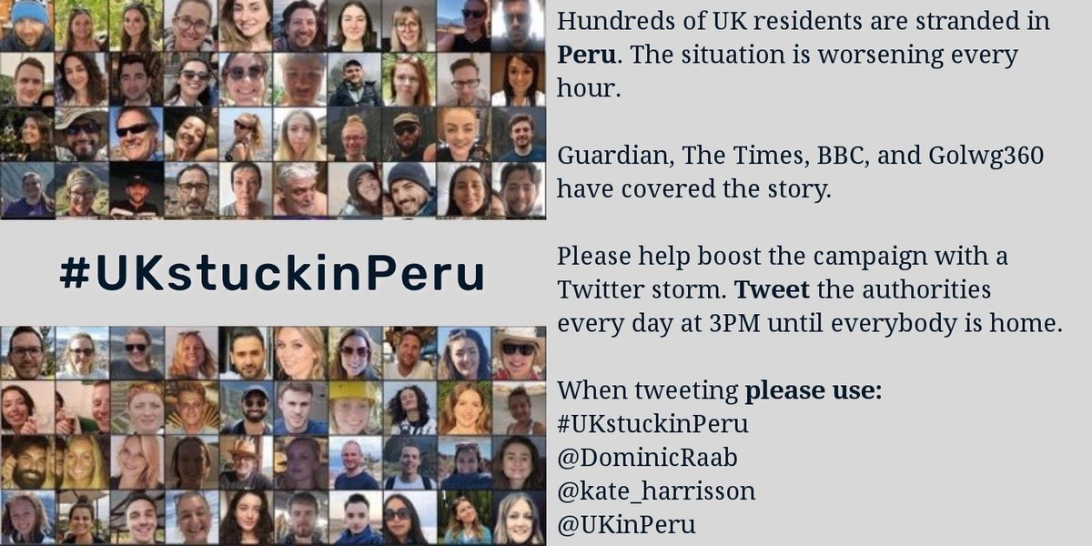 <a href="/ffred_ffransis/">Ffred Ffransis</a> Thank you <a href="/kate_harrisson/">Kate Harrisson</a> for your video message. UK residents stranded in Peru still haven't received travel details from you and flights are due to depart tomorrow / Monday. Many are a day's travel from Lima <a href="/foreignoffice/">Foreign Office</a> <a href="/DominicRaab/">Dominic Raab</a> <a href="/UKinPeru/">UK in Peru 🇬🇧🇵🇪</a> #ukstuckinPeru