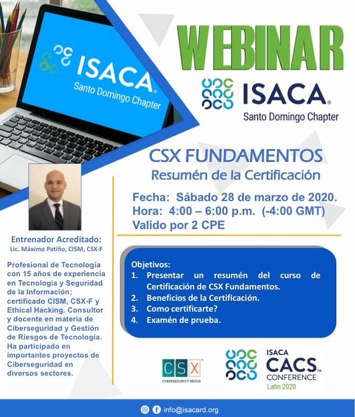 isacasdchapter's tweet photo. Recuerda que HOY a las 4pm, tendremos el Webinar "CSX FUNDAMENTOS, Resumen de la Certificación", de la mano de nuestro experto y miembro de la Directiva, Máximo Patiño.
VÁLIDO POR 2 CPE. Favor registrar su ISACA ID y Correo de ISACA:
https://t.co/EQIwkXntXu
#ISACA #ISACASD https://t.co/crHwzI3Enj