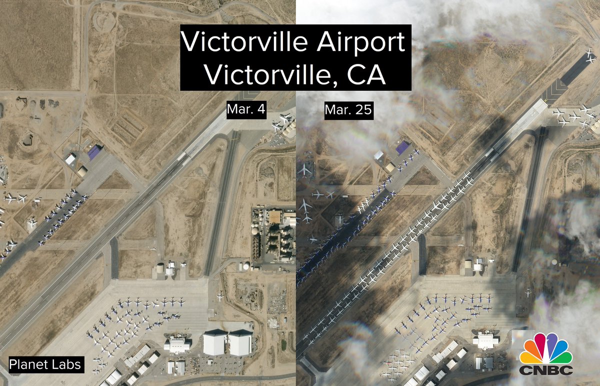 thesheetztweetz's tweet photo. Major airlines are parking fleets of unused planes as demand plummets.

These @planetlabs images show aircraft recently parked in Oklahoma, Alabama, Arizona and California:
https://t.co/3M2RjAFTxX https://t.co/14vOXucdF7