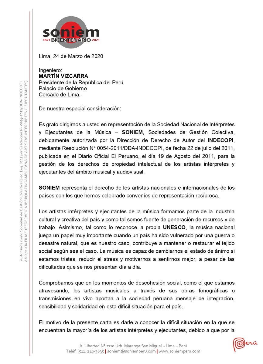 SoniemPeru's tweet photo. SONIEM ha enviado una carta al Presidente de la República, Ing. @MartinVizcarraC , solicitando se expida un Decreto de Urgencia que establezca lo siguiente:

1. El incremento del porcentaje de difusión de musical nacional en los organismos de radiodifusión del 10% al 50%. https://t.co/VkzBWpOHqd