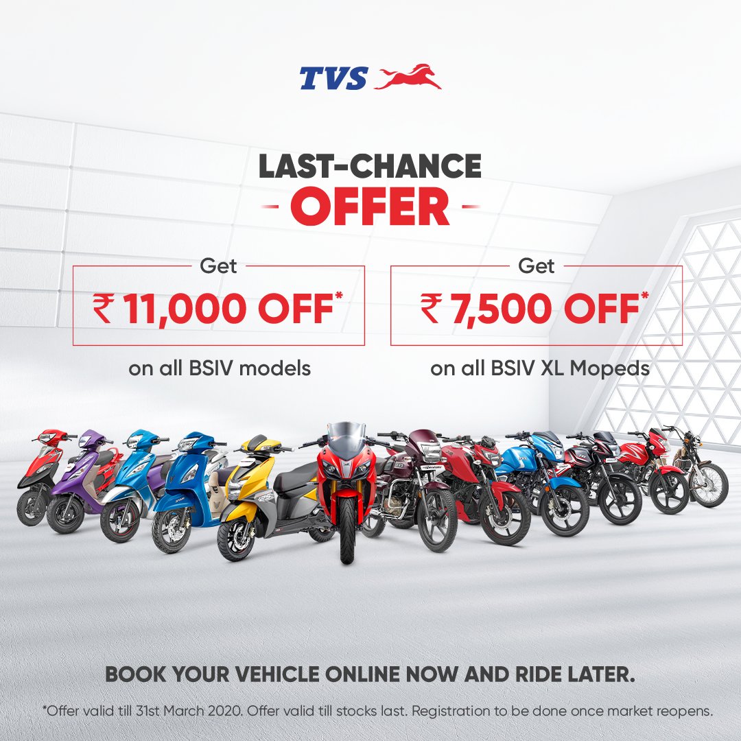tvsmotorcompany's tweet photo. #LastChanceOffer is here for you to book your vehicle online now and ride later, avail the #BSIVSpecialPrices by visiting our website
https://t.co/LD5bxaQtOi https://t.co/wnoxdxz5Y6