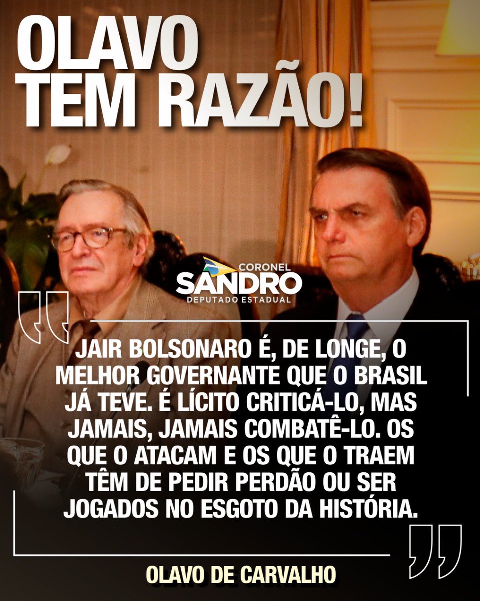 coronelsandromg's tweet photo. Quem tenta combater aquele que, incansavelmente vem tentando fazer o Brasil dar certo depois de tanta roubalheira, corrupção descarada e descaso com os brasileiros, é canalhice, tem que ser jogado na lata de lixo e enterrado na história. #olavotemrazão https://t.co/tWps6fmnBY