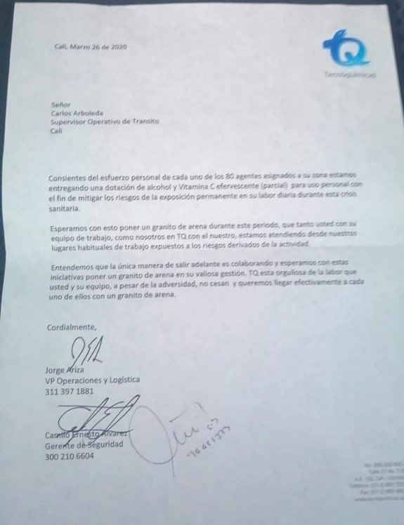 MovilidadCali's tweet photo. Queremos darle públicamente las gracias a TECNOQUIMICAS, quienes nos han apoyado con algunos elementos de bioseguridad, alcohol y vitaminas para nuestro cuerpo de Agentes, que día a día están en las calles brindando seguridad vial.
GRACIAS!! 🤗🤗💙❤️💚 https://t.co/UCSuNN3NBR