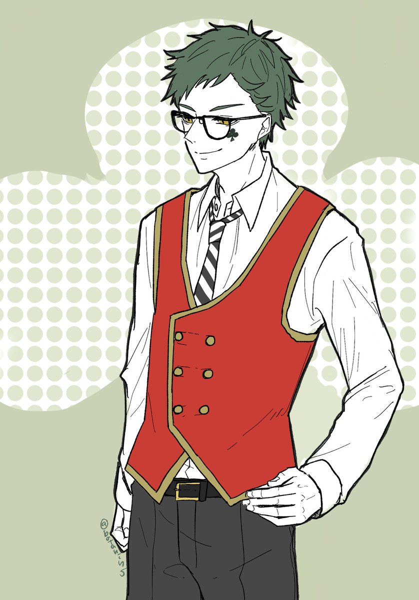1boy male focus necktie green hair solo glasses vest  illustration images