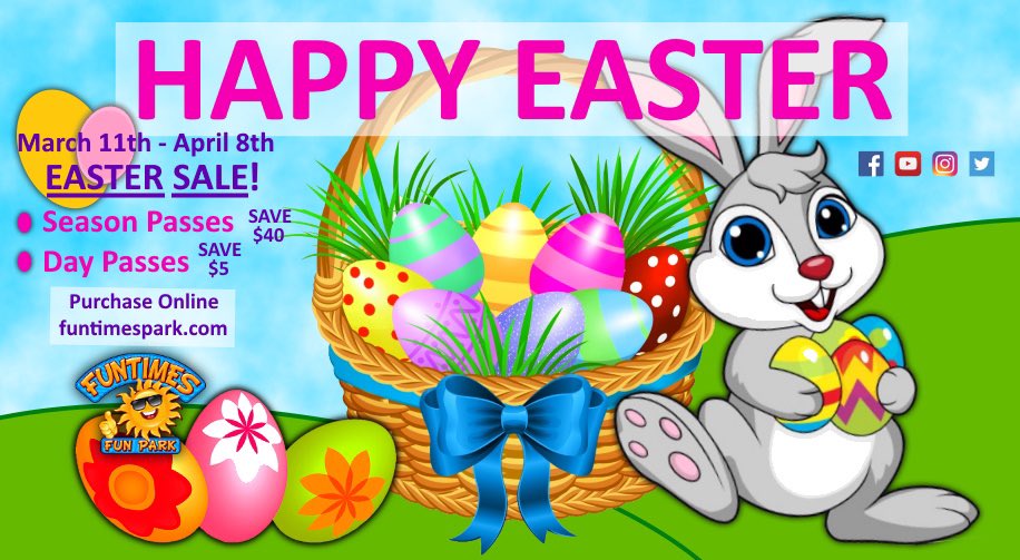 funtimespark's tweet photo. 🐰EASTER GIFTS • RIGHT TO YOUR DOOR🐰
Fill those #eastereggs & #easterbaskets with Fun!
🌷🐰🌷
Save $40 on 2020 Season Passes & $5 on all Day Passes March 11th — April 8th! Just in time for #easter
🌷🐰🌷
HOP online ➡️https://t.co/ZMF0v40MKT⬅️
#happyeaster #easterstuffers https://t.co/szEpaQ2N81