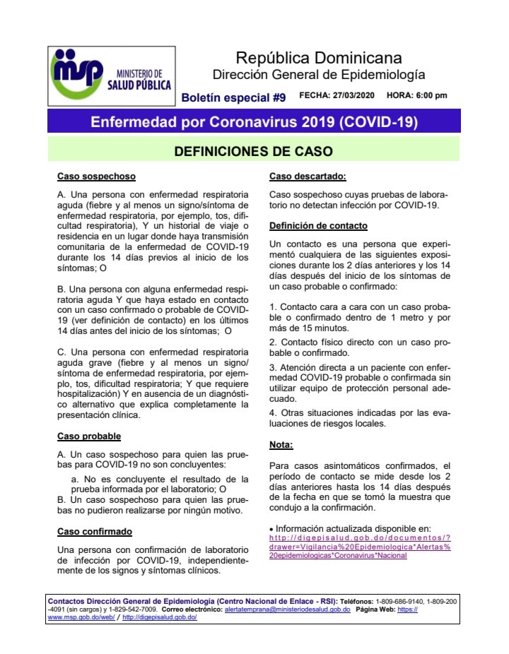 MDefensaRD's tweet photo. [INFORME COVID 19 RD]
🇩🇴😷✍
.
Ministerio @saludpublicard
Dirección General de Epidemiología
Boletín especial 9
Situación RD, 27/3/2020 18:00
Casos confirmados: 719
Fallecidos: 28
Recuperados: 3
Descartados: 1,434

#QuedateEnTuCasa
#MideInforma
#SeguridadSanitaria
#Seguridad https://t.co/5ZZHygLvs3