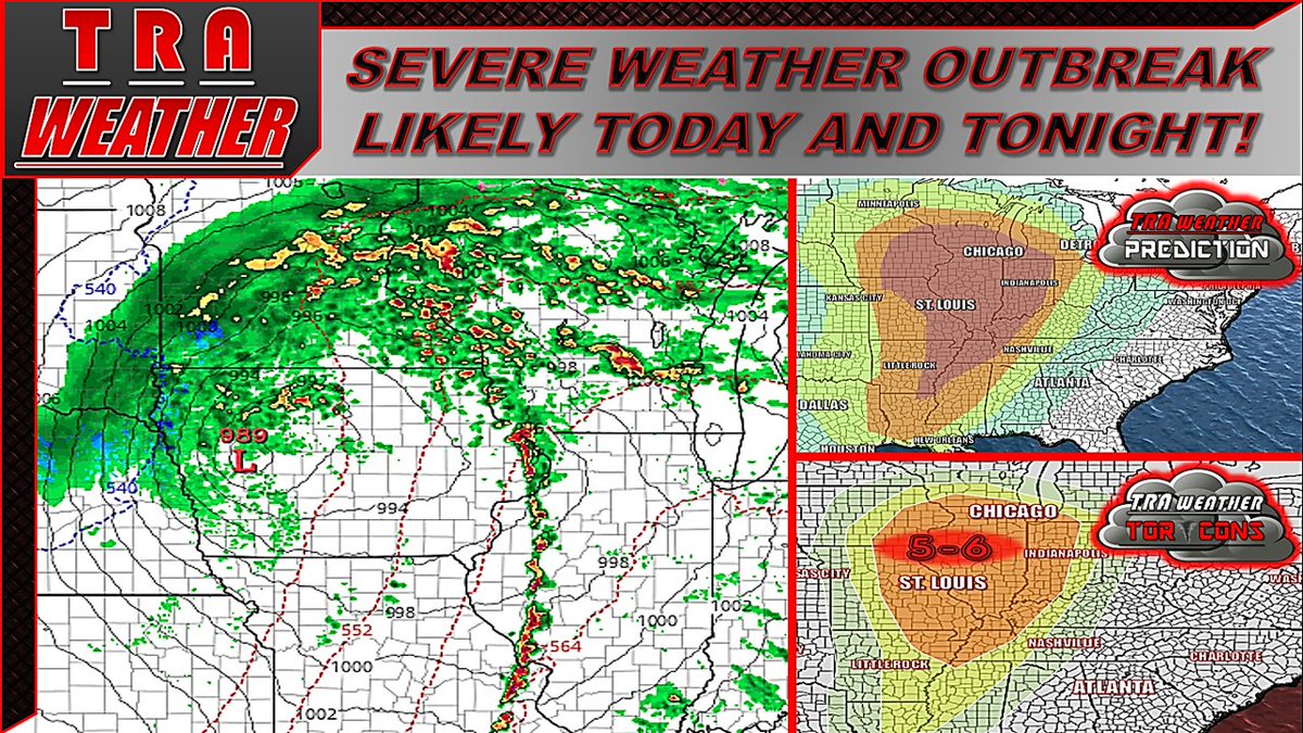 TraWeather's tweet photo. It is likely today that we will have a #severeweather outbreak, and maybe even a #tornado outbreak across parts of the Midwest and Ohio Valley today and overnight tonight! Watch the latest forecast from #TraWeather to stay updated and informed! Link>https://t.co/aEKDD9M1Bg https://t.co/25ZmV7mfhY