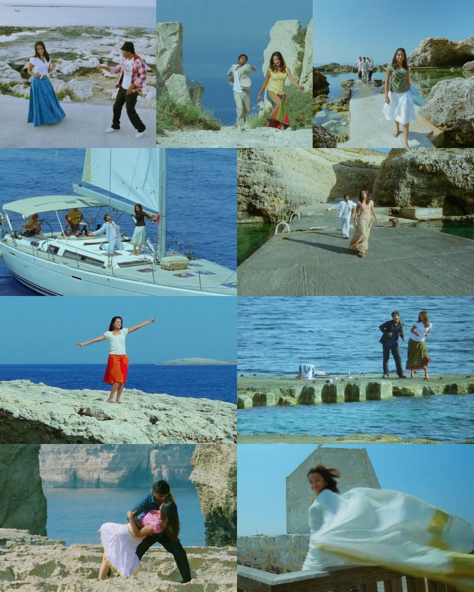 Omana Penne - Sea, beach, yacht and caveSkirts, blouse and dress. Another dream song and the scenes were shot in Malta (Source : Wiki)."Uyir tharuvathu sari thaane?"