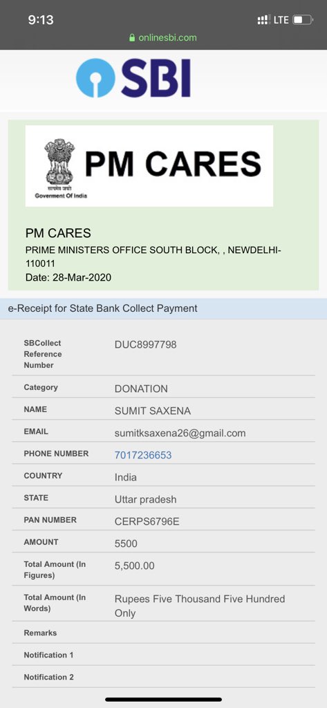 SumitSa75529301's tweet photo. @narendramodi A small contribution according to my capacity at this time of crisis. I request everyone to contribute as per their capabilities. https://t.co/ZMEmoLWI6r