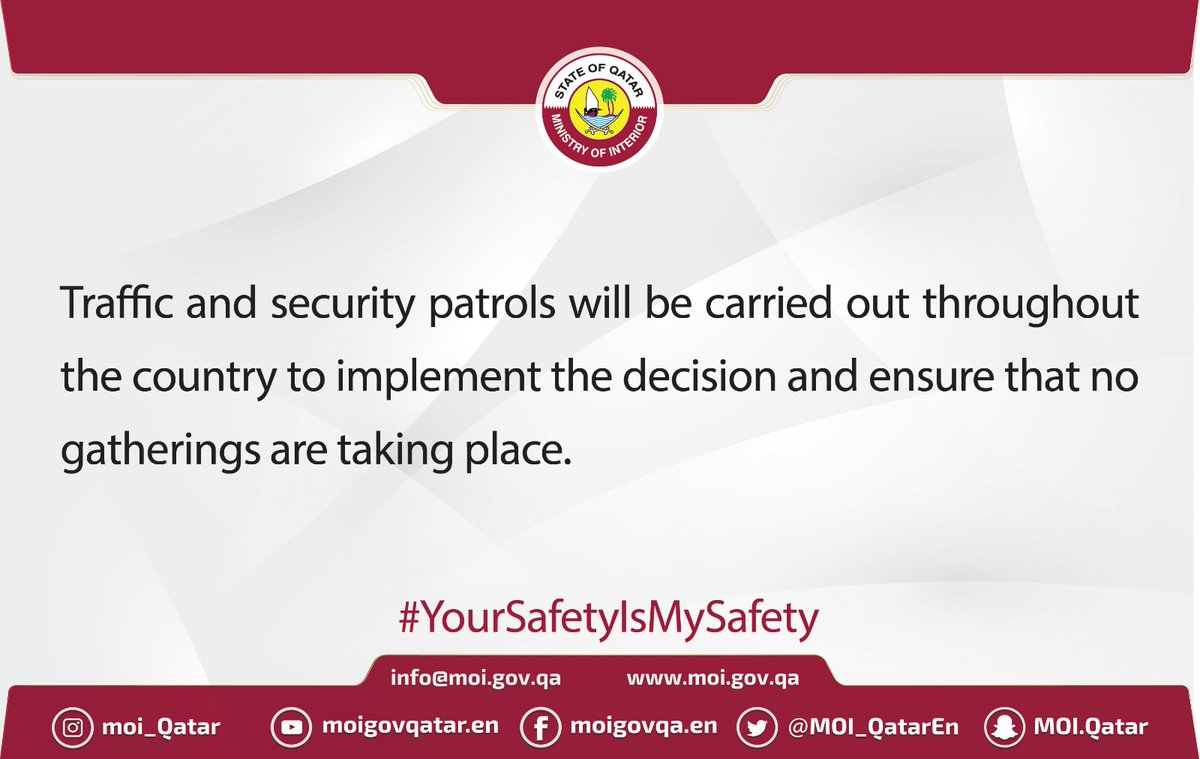 MOI_QatarEn's tweet photo. Traffic and security patrols monitor all parts of the country to ensure that no gathering is taking place. 
#Qatar #MoIQatar #Doha #YourSafetyIsMySafety #Covid_19 https://t.co/JmkBHOfbZp