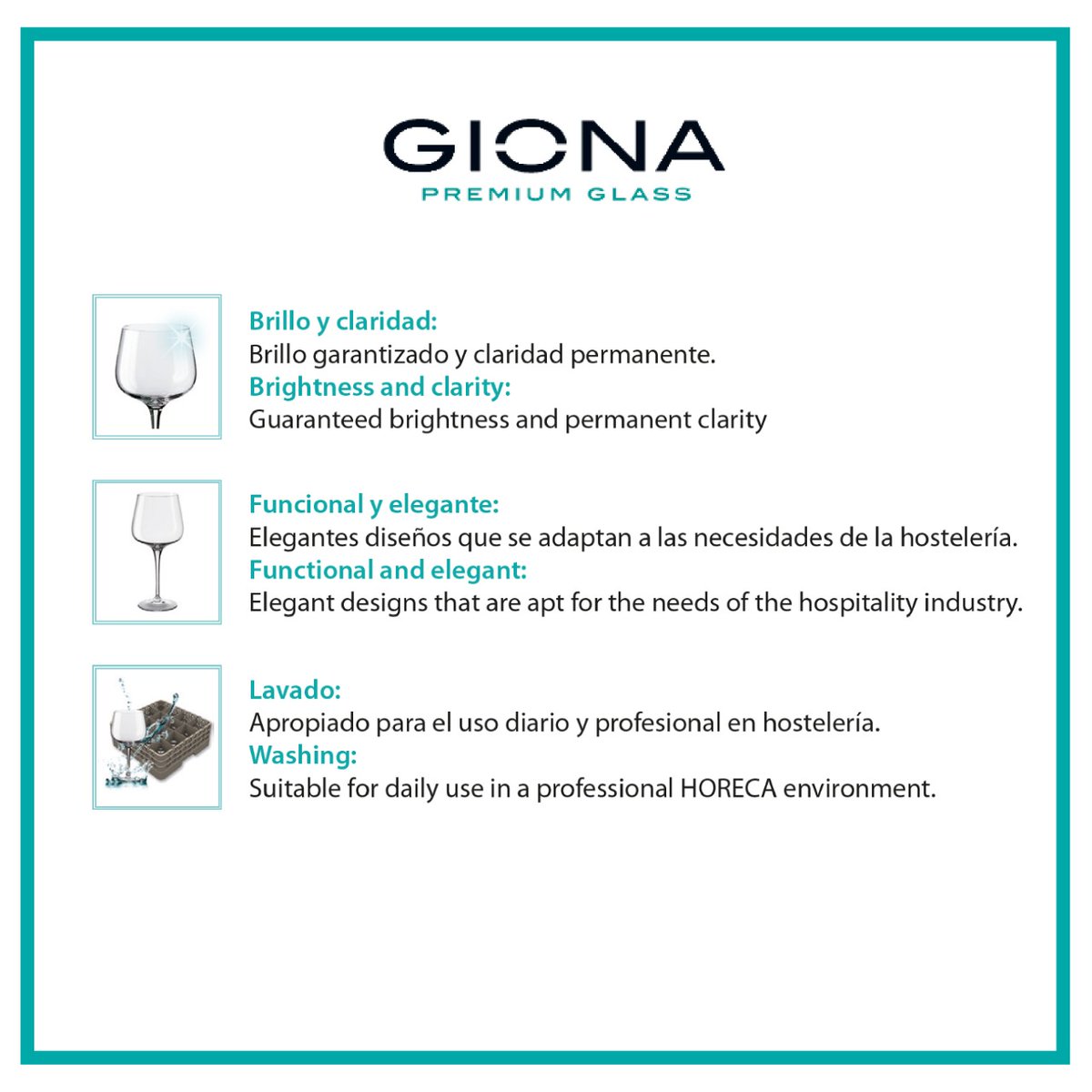 A la hora de elegir cristalería buscas unas características especiales, y en Giona Premium Glass las tenemos: brillo garantizado, claridad permanente, y diseños que no dejan de lado la funcionalidad. Todo preparado para un lavado diario que la mantendrá intacta.