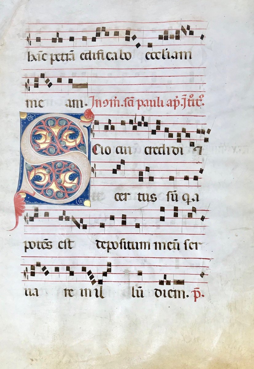 philographikon2's tweet photo. #Medieval #Parchments. Leaf of a large choir book with a magnificent "S"-initial marking the beginning of the Introitus of St. Paul Apostle. notes had to be large so several monks could see them and sing. https://t.co/XMBa1ydqHU https://t.co/NUZTWDX9WB