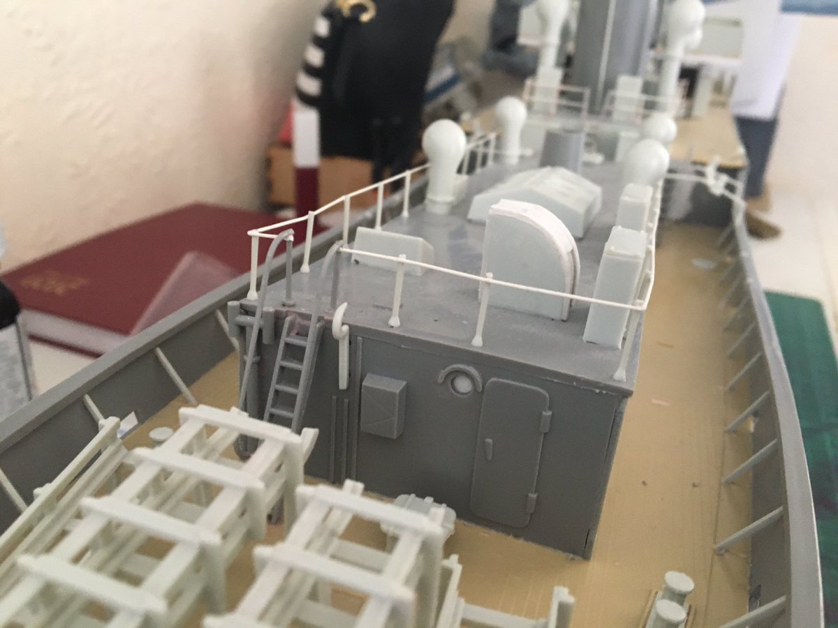 tiffanyszoneuk's tweet photo. Been having a tinker with the Corvette build. Added some railings and ladders. I need to order some more 0.5mm styrene rod as Iโm out of the bits I purchased. That will have to wait until next month now. #flowerclasscorvette #hmsbluebell #matchboxpk901 #revell #airfix https://t.co/QFit5grF3v