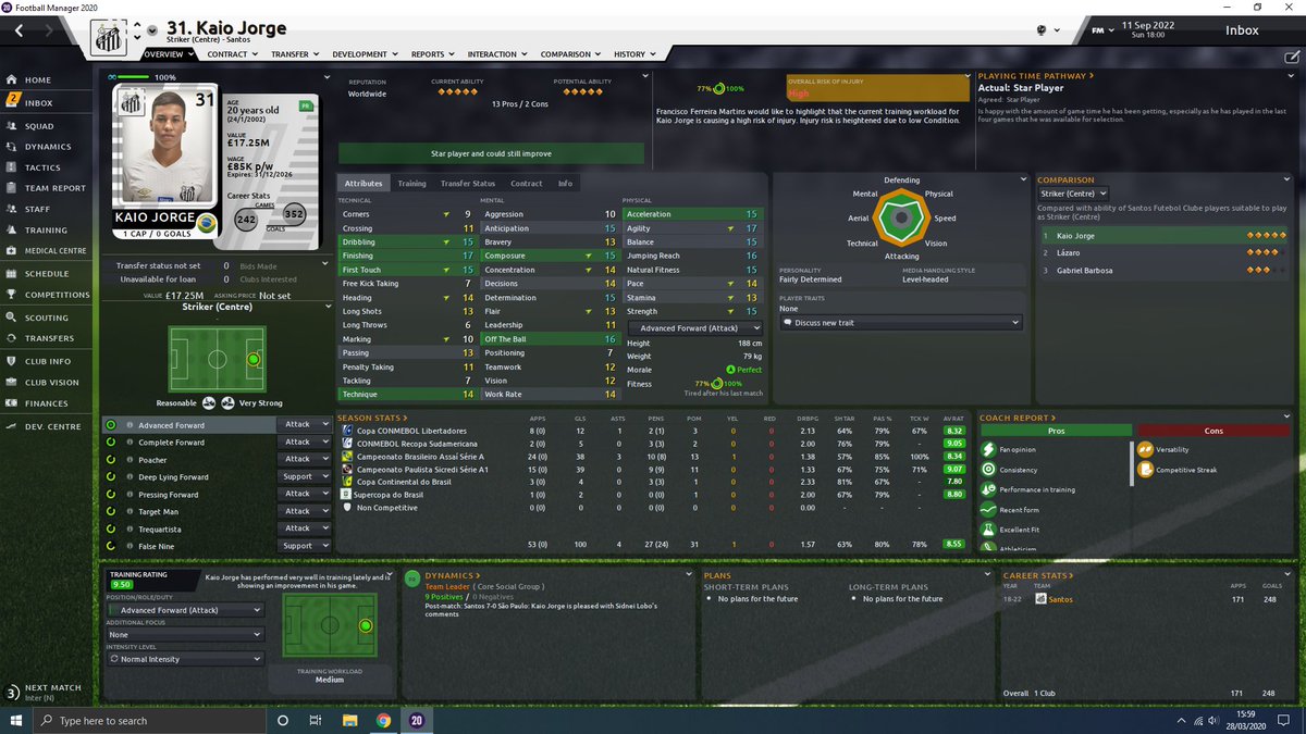 15 games of the season left. But Kaio just scored his 100th goal of the season in 53 games.  #FM20