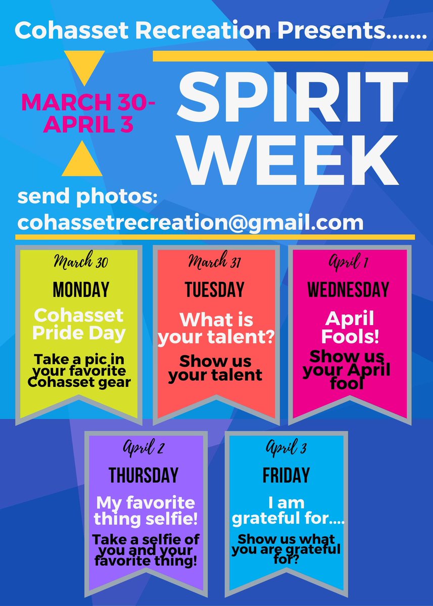 CohassetRec's tweet photo. Cohasset Rec's Spirit Week starts Monday https://t.co/VusE1XtLwI
