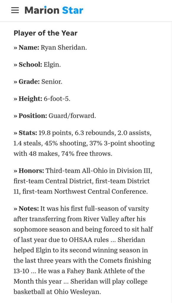 Congrats <a href="/ryansher1dan/">Ryan Sheridan</a>! Marion County Player of the Year 🏀🎉
