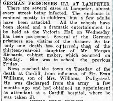 The 01/11/18 edition also included a details account by Aberystwyth medical officer, Dr Harries, on the best way of avoiding/treating the influenza (including the crucial role of hot lemon water! ) - and an interesting account of a worrying situation in nearby Lampeter...