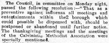 In the CN's 01/11/18 edition (10 days before Armistice) a specific article – ‘THE INFLUENZA’ was included - documenting the decision to close schools, postponing events, and Aberystwyth Council's decision to cancel all events in the borough. 