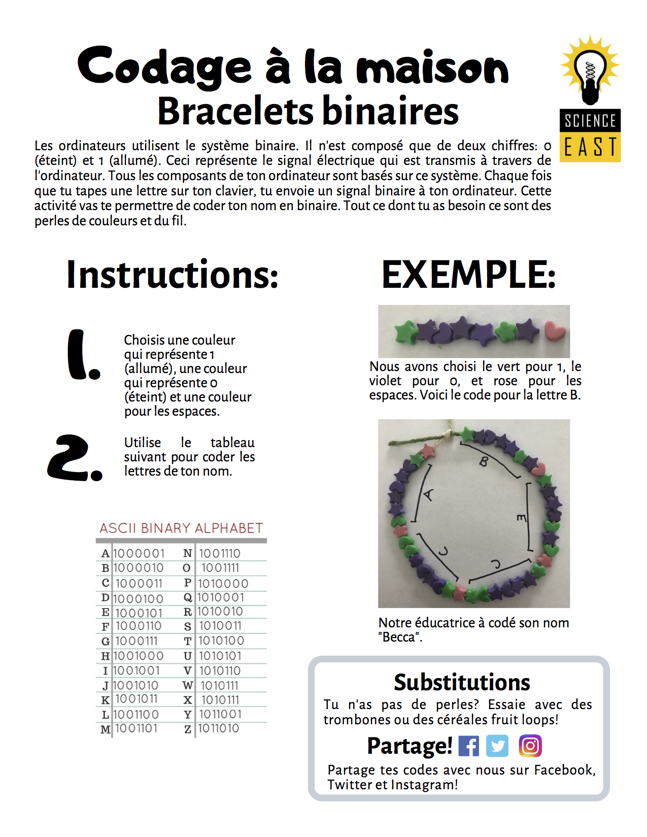 Science East Science Centre Activity Time Binary Bracelets Bracelets Binaires Fredkid Casc Accs Codingforkids